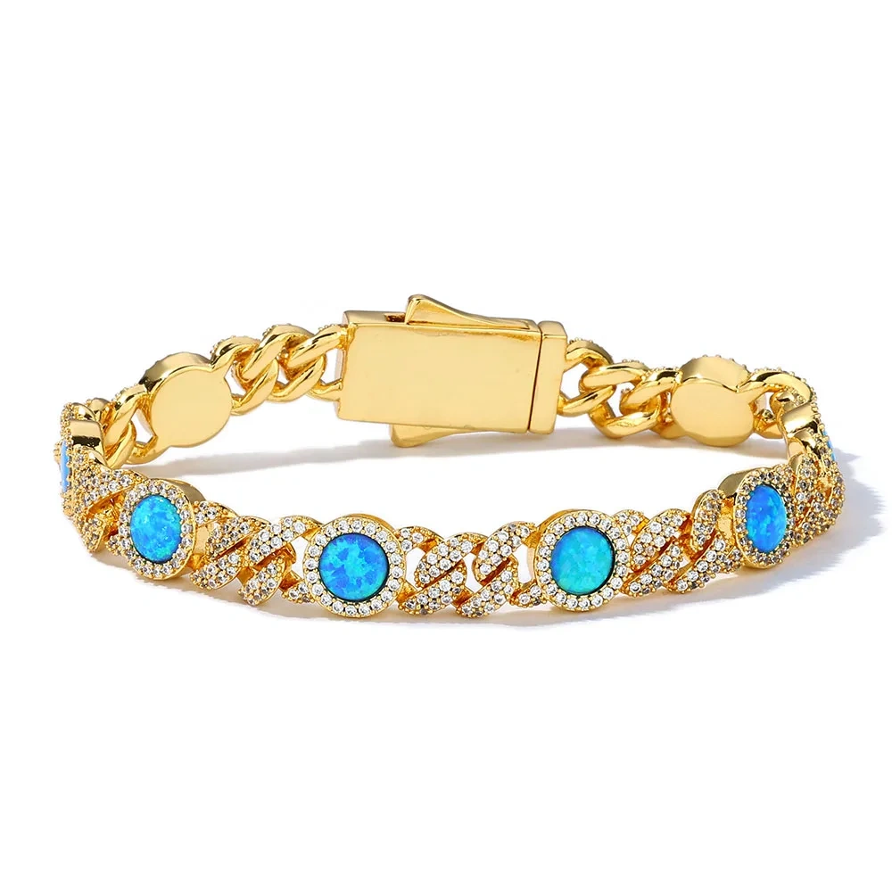 Hip Hop Jewelry 5A Cubic Zirconia Blue Opal Cuban Link Chain Bling Gold Plated Brass Diamond Cuban Necklace for Women Men