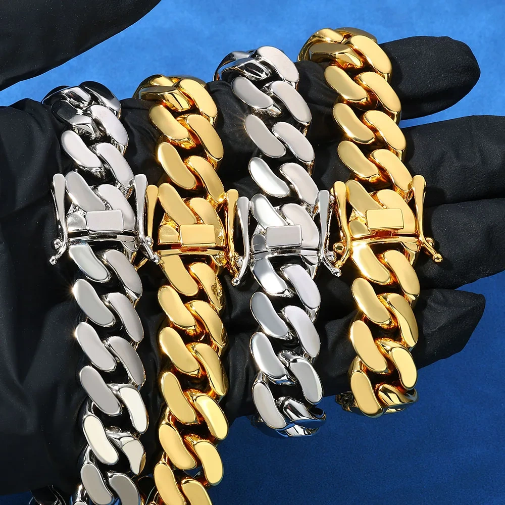 Hip Hop Jewelry 15mm Width 18k Gold Plated Classics Cuban Link Chain Smooth Miami Chunky Necklaces for Men Women