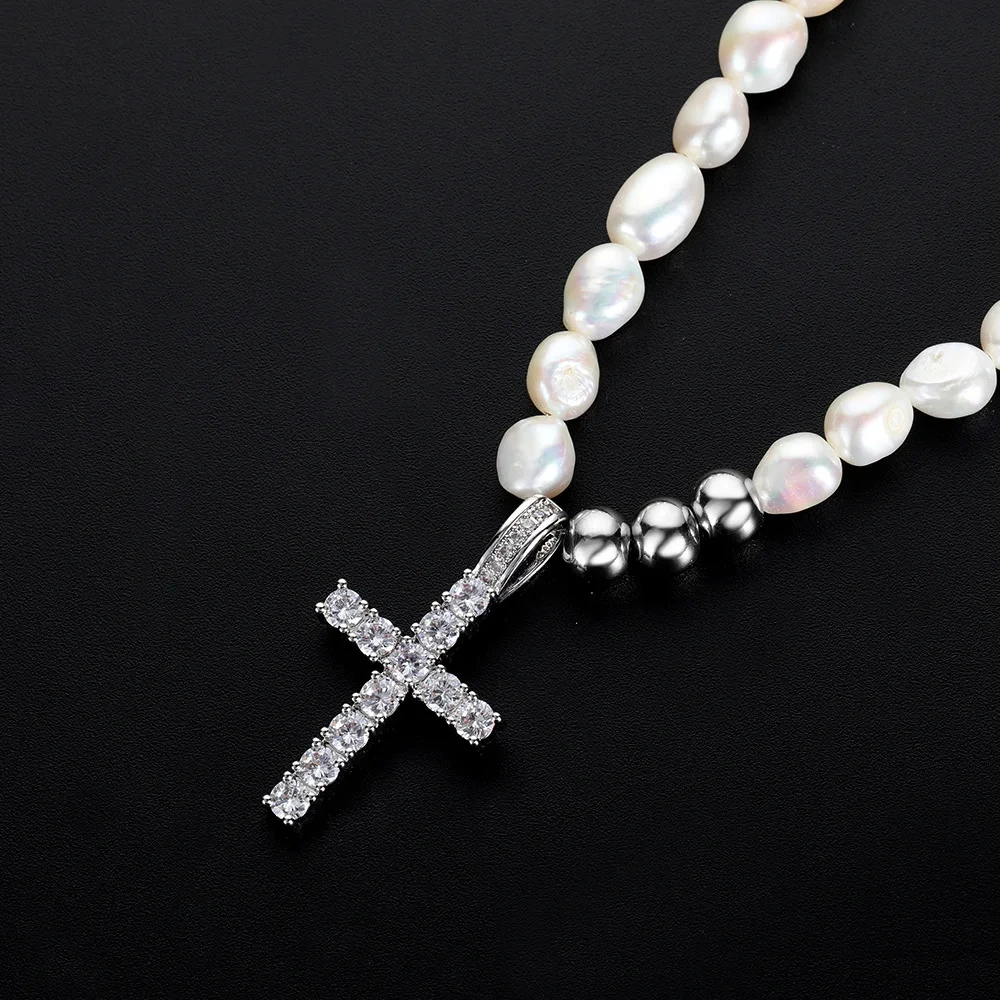Hip Hop Natural Trendy Freshwater Brass Cross Custom Rapper Rock For Men Chain Necklace Iced Out Jewelry