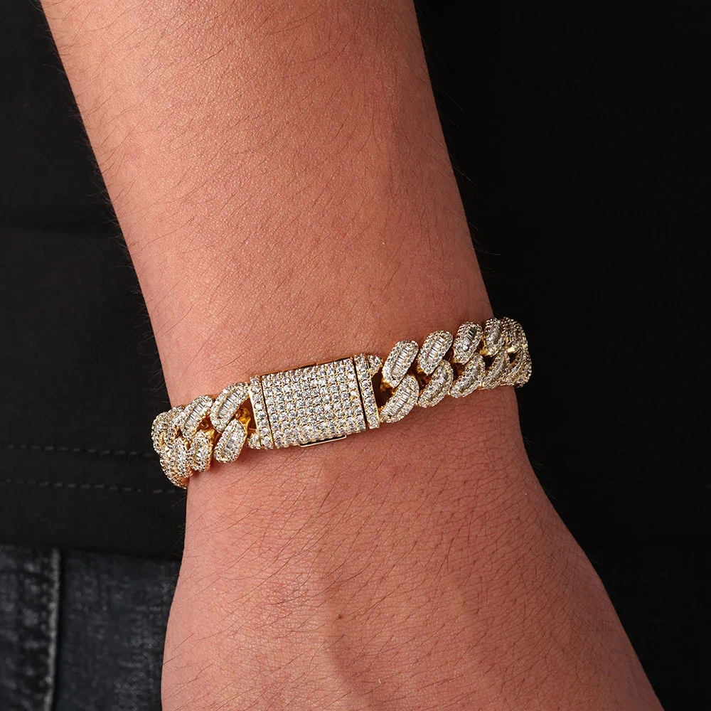Hip Hop 12/15mm Bling Iced Out Diamond Cuban Chain Brass 5A Cz Baguette Cuban Link Necklace Men Women Jewelry Birthday Gift