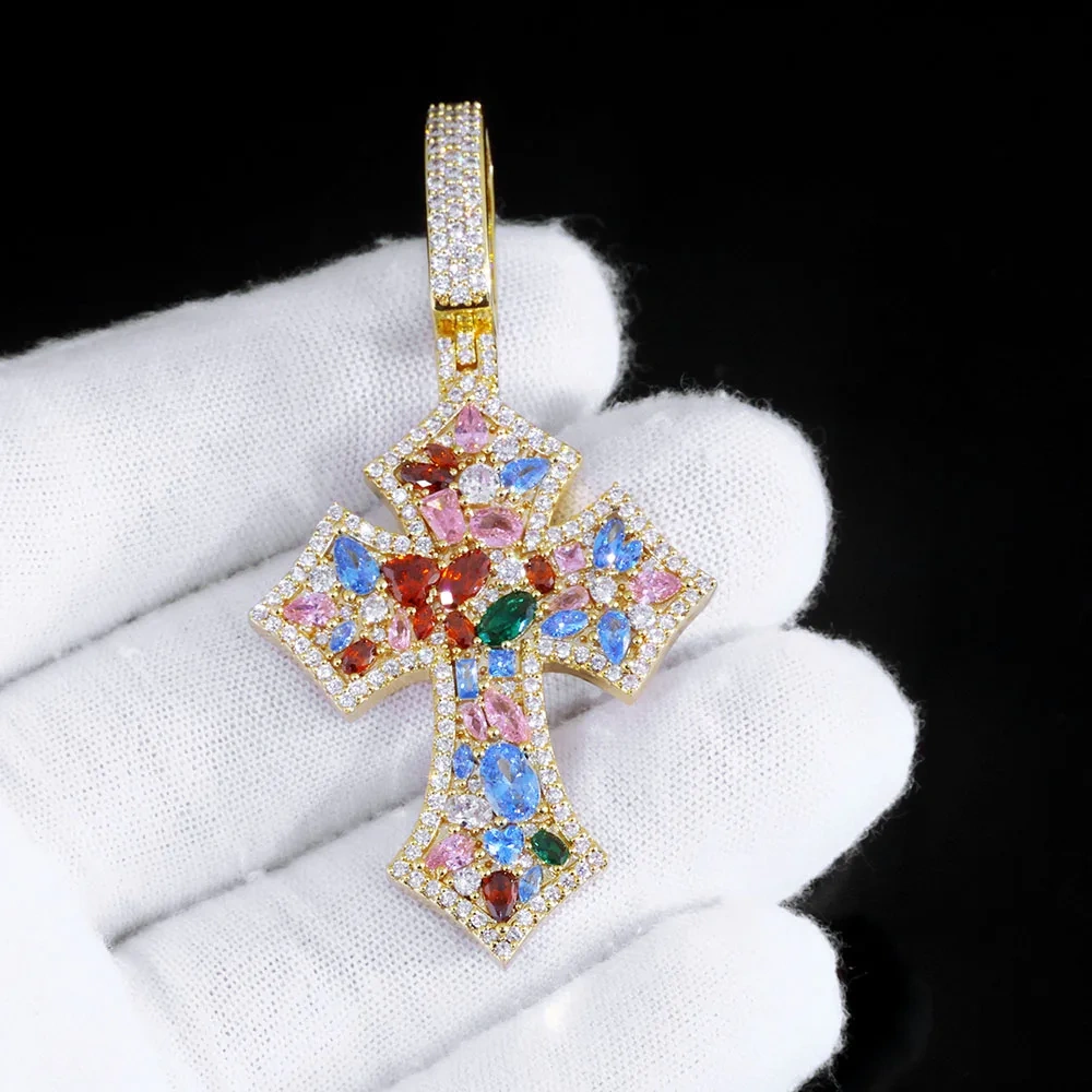 ESKEEM Custom Colorful Zircon Iced Out Cross Pendant for Women High Quality Multi Color Diamond Pendant Hip Hop Rappers Jewelry