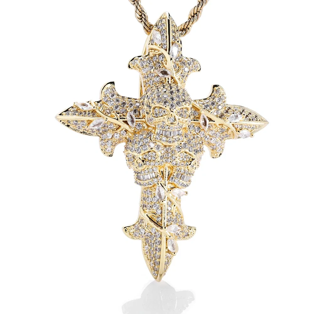 Hot Selling Vintage Jewelry Iced Out Flower Skull Cross Pendant Necklace 5A Zircon Christian Religious Cross Necklace Charm