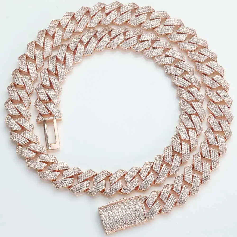 Rose Gold Plated Chain Hip Hop Jewelry 15mm Luxury Women Man Bling Prong Iced Diamond Cuban Link Necklace Birthday Party Gift