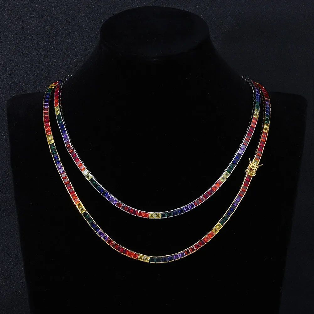 Fashion Jewelry Ice Out Rainbow Bracelet Brass Square 4mm 18K Gold Plated Colorful Cubic Zirconia Diamond Tennis Bracelet