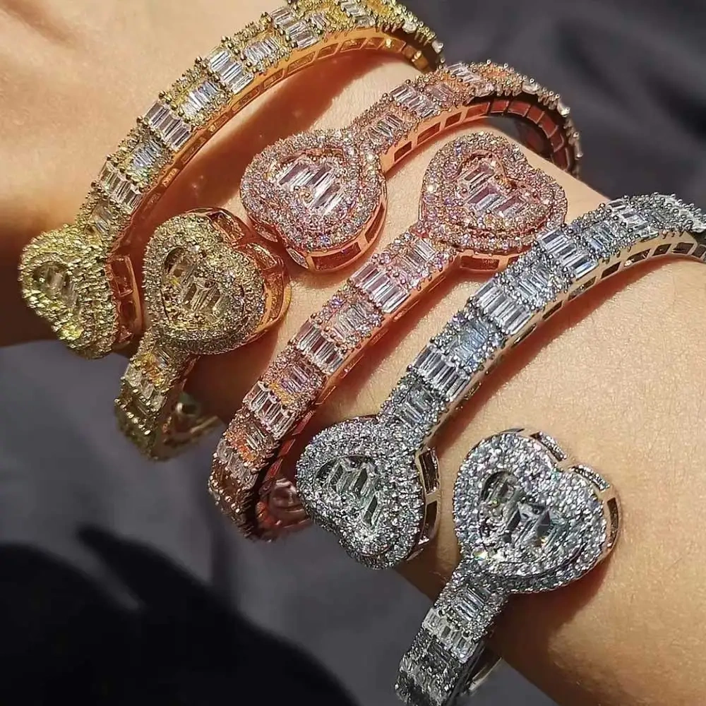 Men Hip Hop Iced Out Bling Luxury Heart Women Rectangular Drill CZ Cubic Zirconia Bangles Bracelet