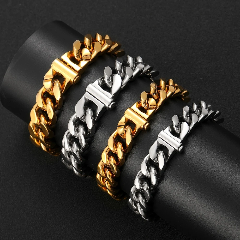 Hip Hop Fashion Jewelry PVD Plating Cuban Necklace Stainless Steel Chunky 10/12MM Miami Cuban Link Chains For Men Gift
