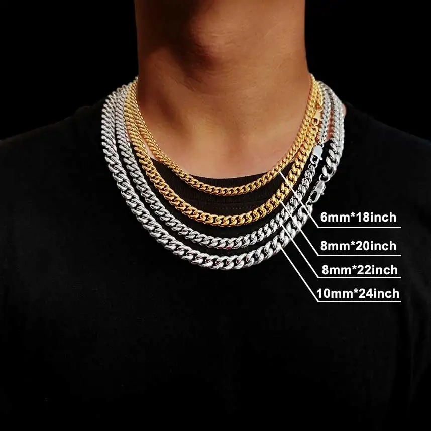 2024 Hot Selling Simple 4/6/10Mm Width Round Cut Miami Men's Cuban Chain Necklace Women's Hip-Hop Cool Style stainless Steel