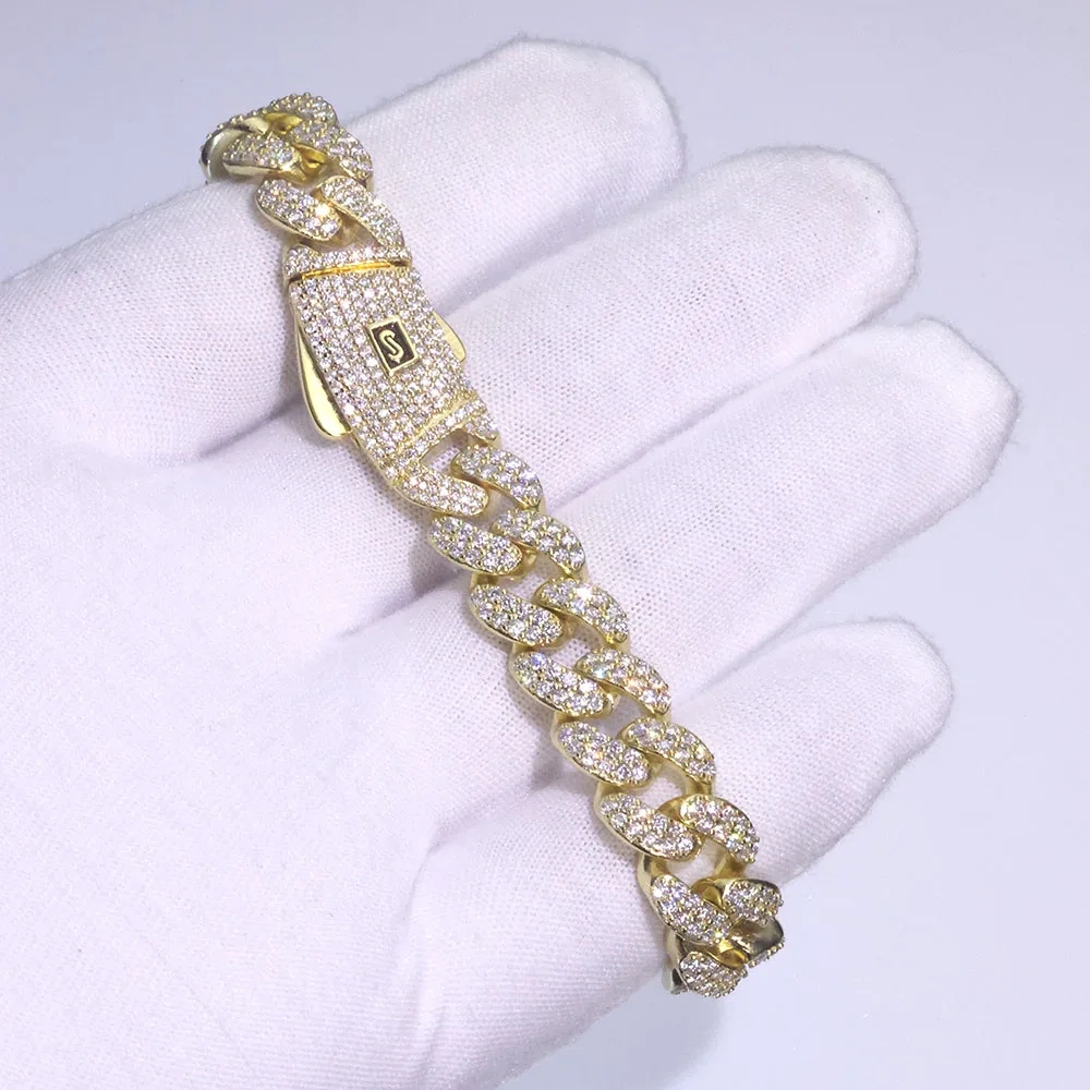 New Style Moissanite Monaco Bracelet 925 Solid Silver Full Iced Out VVS Diamond 2 Rows Cuban Link Chain Jewelry for Men Women