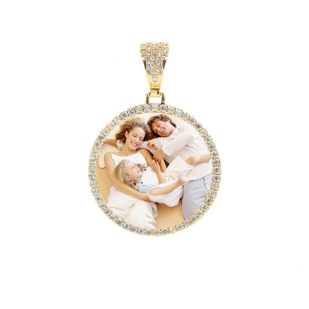 Personalized Photo Medallion Bling Stone Necklace Pendant Custom Memory Picture 35MM Circle Hip Hop Jewelry Pendant