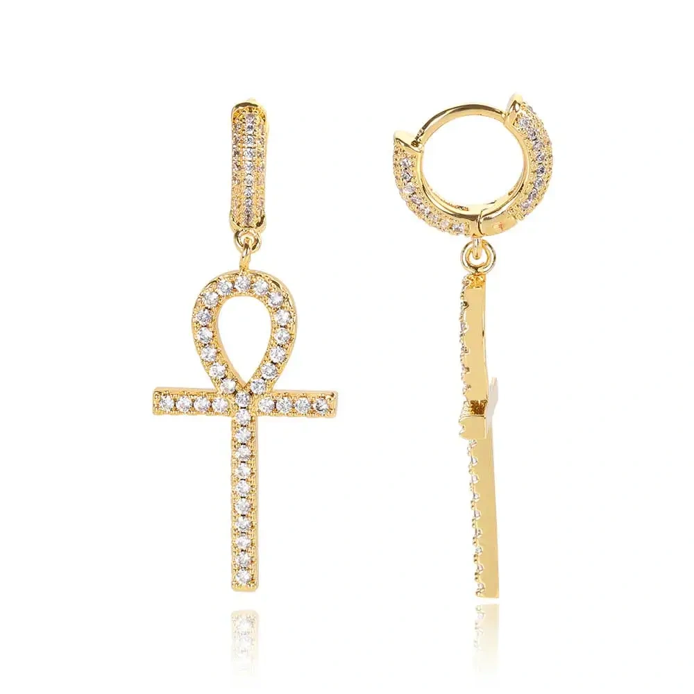 Drop Shipping Hip Hop Thick Hoop Earrings Bling Ice Out Cross CZ Zircon Plated Stud Lightning Earrings For Women Jewelry