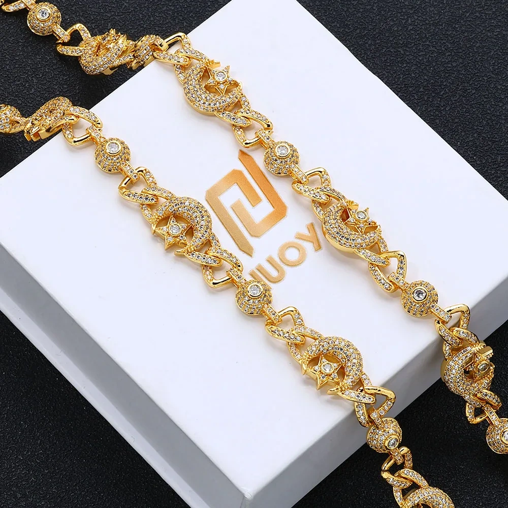 Hip Hop Iced Out CZ Necklace Sparkling Luxury Moon and Star Special Design Party Cuban Chain Jewelry For Men Women Gift