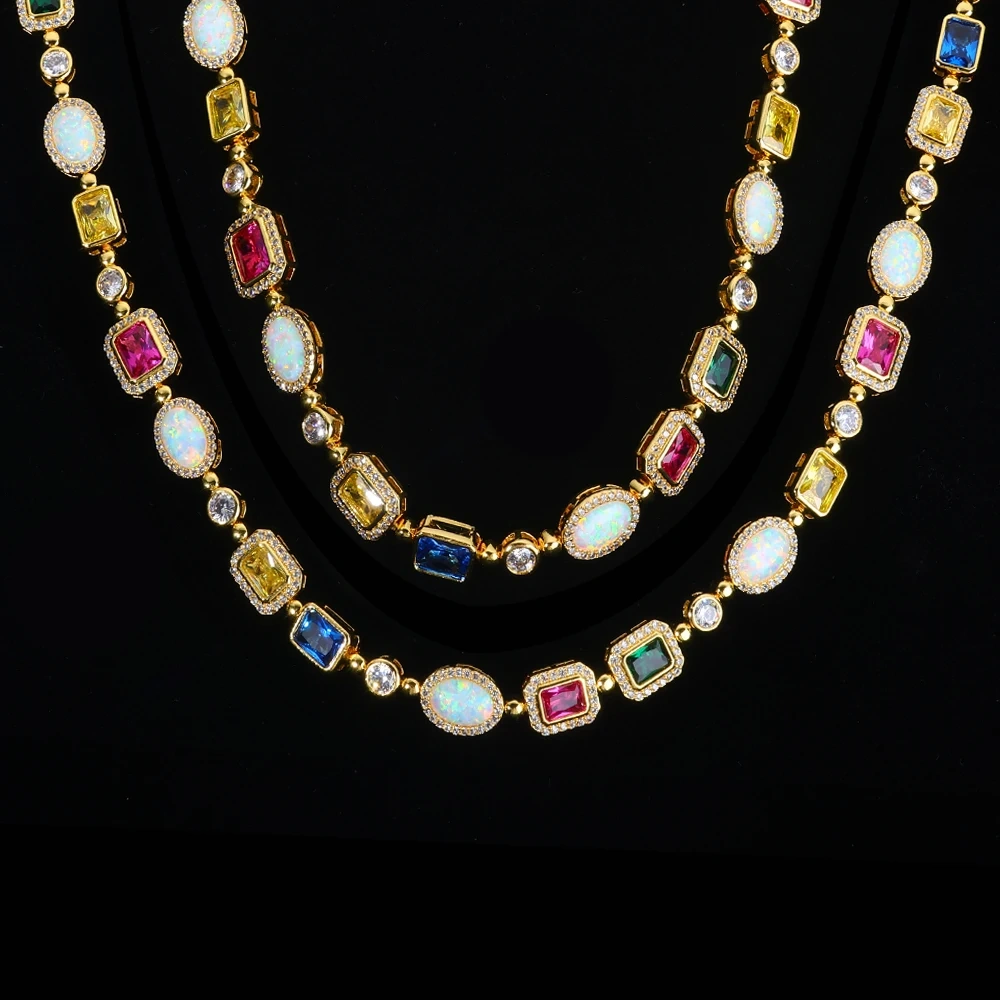 ESKEEM 6/7/10/15mm Iced Out Colorful Gemstones Chain Necklaces for Women Men Fashion Jewelry Enamel Cross Bracelet