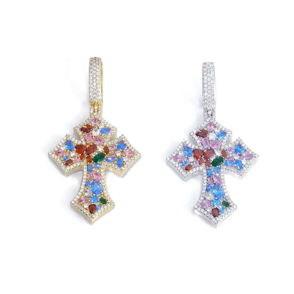 ESKEEM Custom Colorful Zircon Iced Out Cross Pendant for Women High Quality Multi Color Diamond Pendant Hip Hop Rappers Jewelry