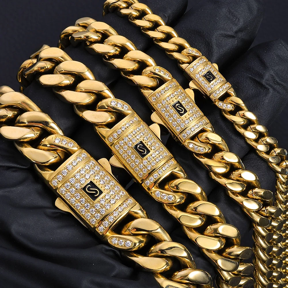 ESKEEM Hip Hop Jewelry 6/9/11/13MM PVD 14k Gold Plating Monaco Necklace Stainless Steel Miami Cuban Link Chains For Women Men