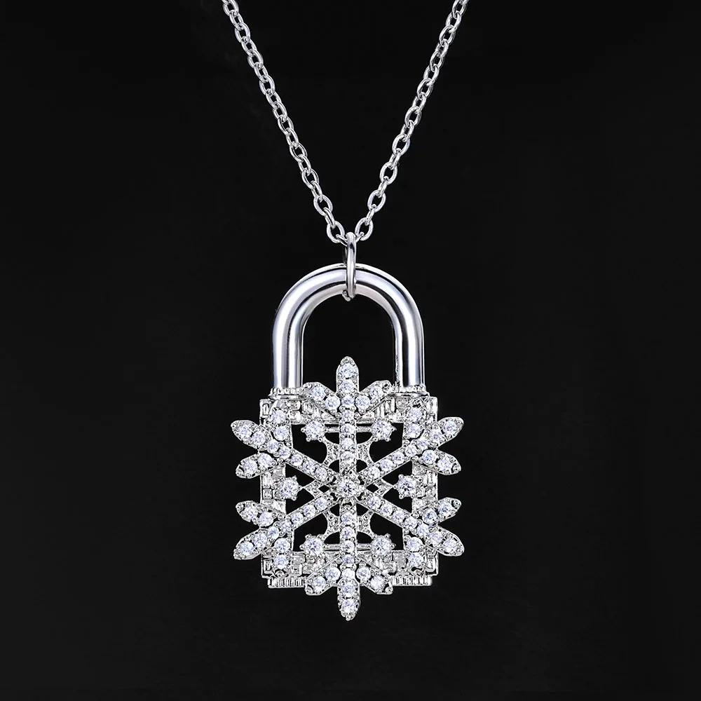 ESKEEM Iced Out Diamond Snowflake Pendant Necklace with Fine Chain for Women Keybox Padlock Design Charm Pendant Fashion Jewelry
