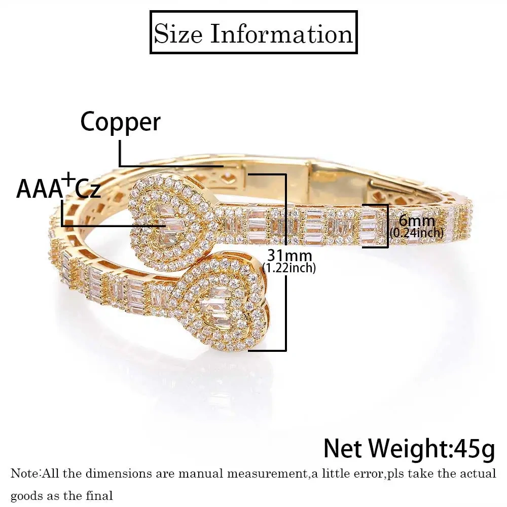 Fashion Hip Hop Jewelry Full Iced Out Heart Baguette CZ Bangle Bracelet Bling Bling Diamond Couple Bracelet 18K Gold Plated