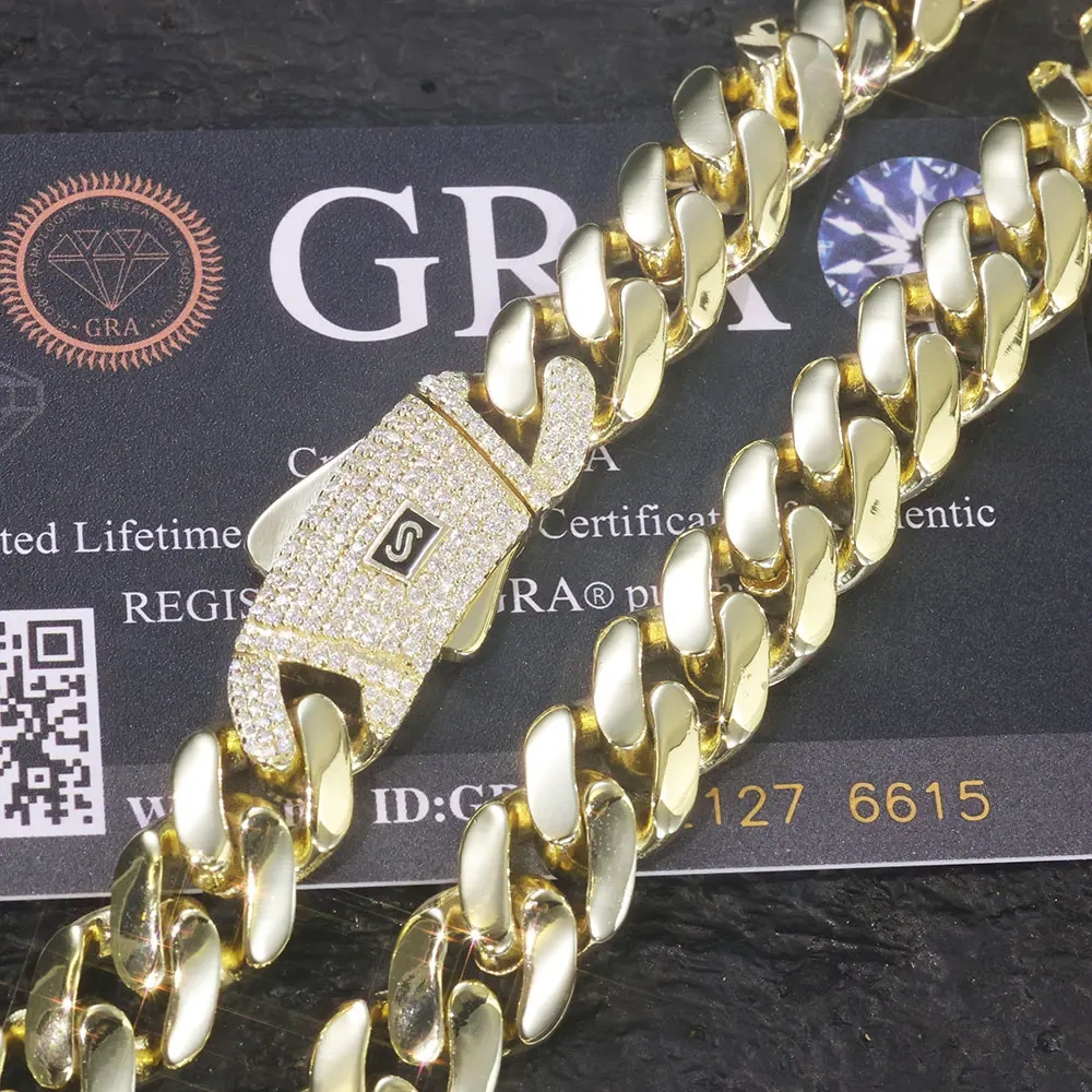 High Quality 14K Plated Monaco Chain 925 Silver Cuban Link Necklace Iced Out VVS Moissanite Clasp Smooth Cuban Chain Jewelry