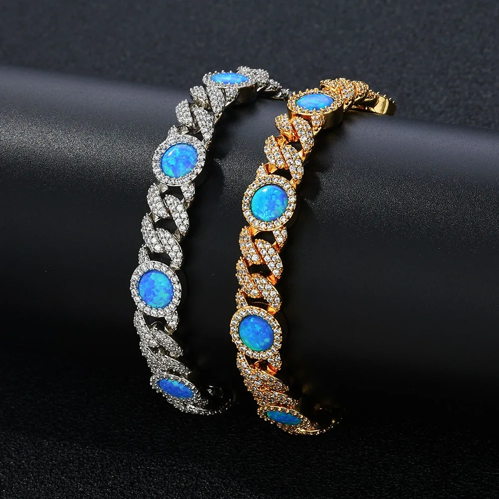 2025 Newest Arrival 18k Gold Plated Cubic Zircon Cuban Bracelet Jewelry Iced Out Big Blue Opal Cuban Chain Bracelet