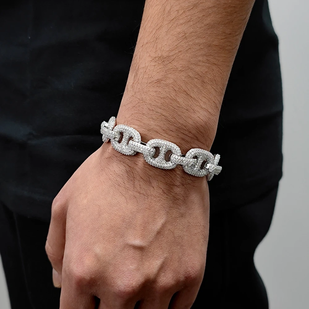 Iced Out Pig Nose Bubble Bracelet Shiny Zircon 16mm Cuban Link Bracelet Silver Plated Brass Hip Hop Jewelry for Men and Women