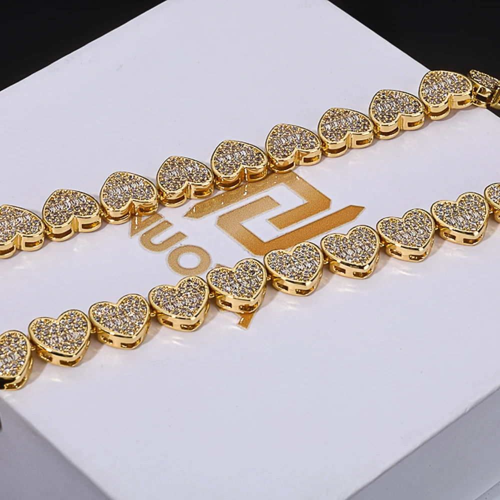 ESKEEM 8mm Iced Out Baguette Heart Tennis Chain Bracelet Silver Plated Zircon Mixed Inlay Hip Hop Women's Fine Jewelry