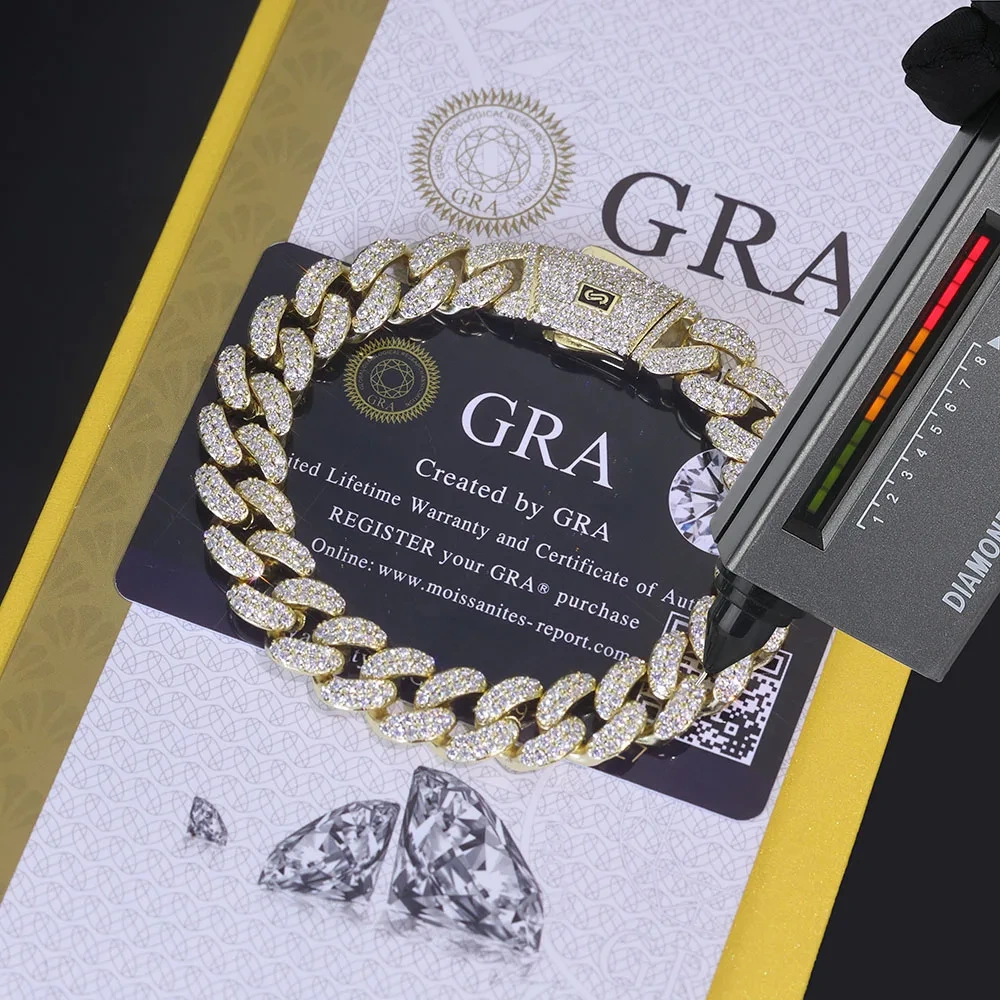 New Style Moissanite Monaco Bracelet 925 Solid Silver Full Iced Out VVS Diamond 2 Rows Cuban Link Chain Jewelry for Men Women