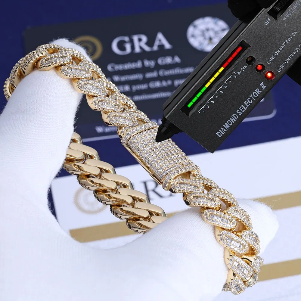 ESKEEM New 12mm VVS Moissanite Cuban Link Chain 925 Sterling Silver VVS Diamond Bling Iced Out Women Two Stone Necklace