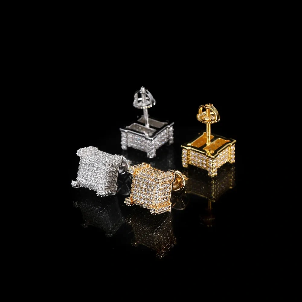 Hip Hop Rock Fashion Jewelry Gold Plated For Women Micro Pave 3A Zircon Square Screw Back Earrings