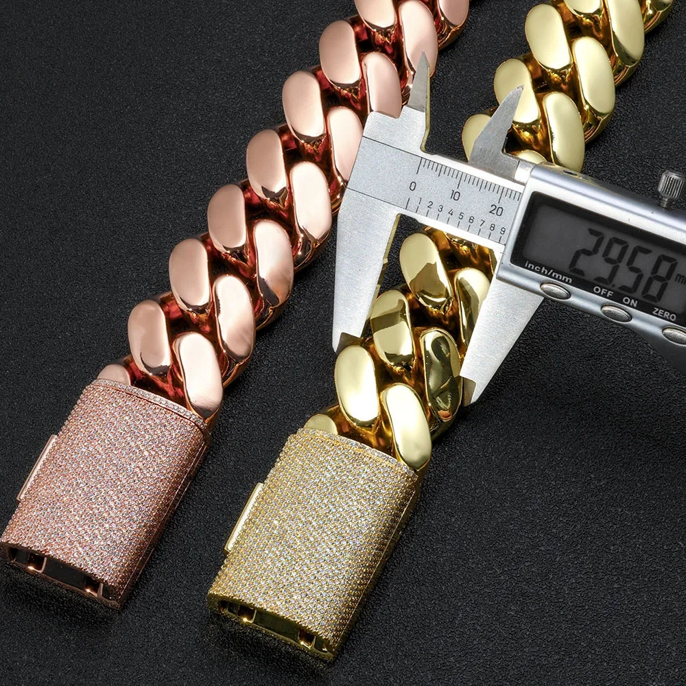 Hip Hop 30mm 40mm Chunky Heavy Chain Bling Iced CZ Clasp Bold Polishing Rose Gold Plated Miami Cuban Link Necklace