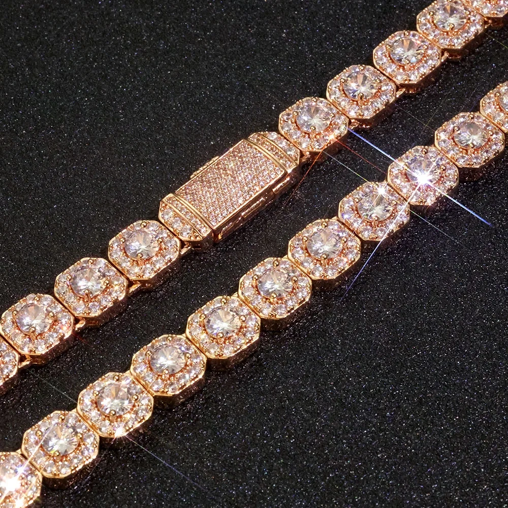 Hip Hop Jewelry Men Rock Cluster Tennis Choker 10mm 12mm Width Iced Out Bracelet Necklace Rose Gold Plated Tennis Chain