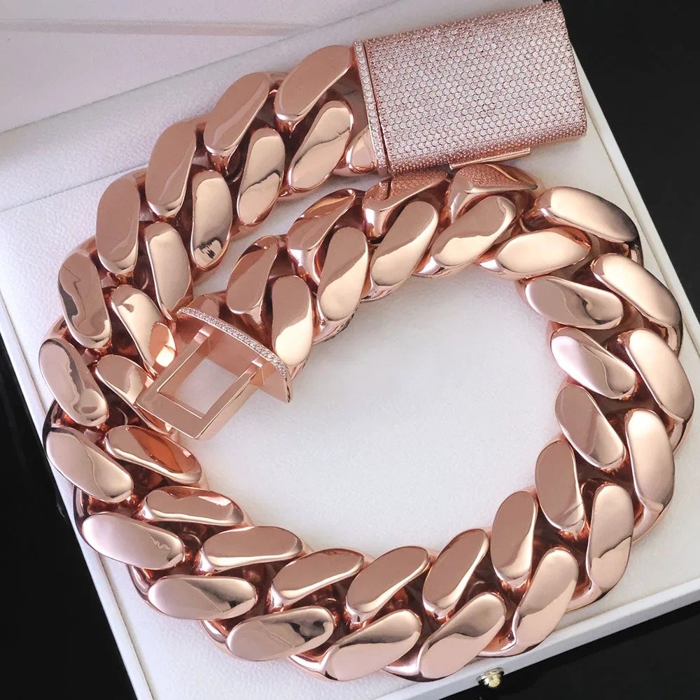 Hip Hop 30mm 40mm Chunky Heavy Chain Bling Iced CZ Clasp Bold Polishing Rose Gold Plated Miami Cuban Link Necklace