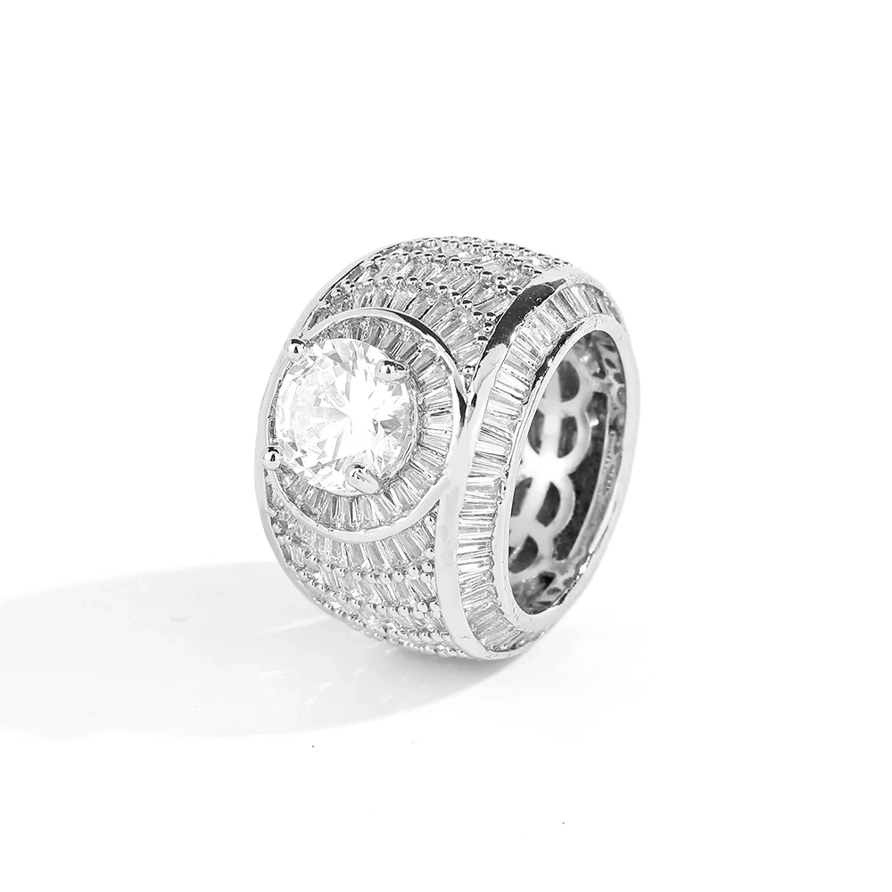 New Hip Hop Claw Setting Big CZ Full Zircons Surface Ring Brass Shiny Rings for Rapper Men