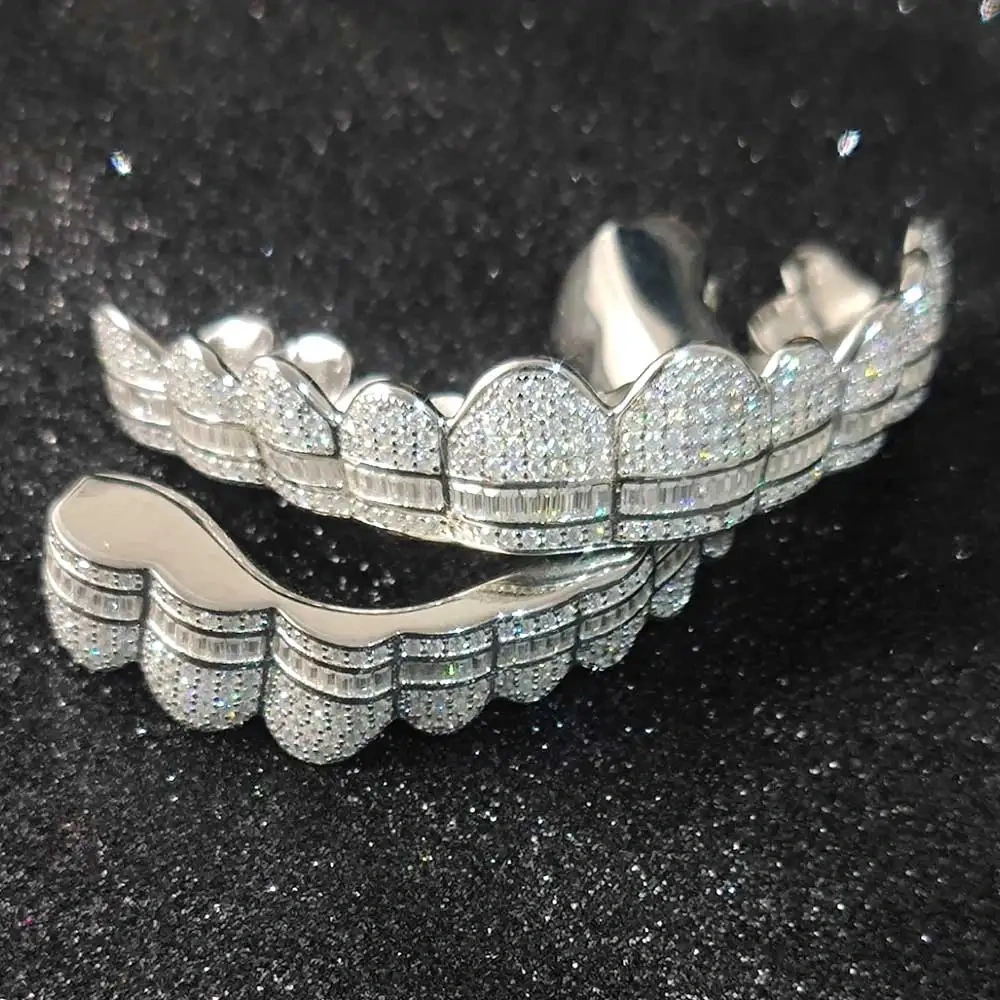 Hip Hop Grillz Teeth Iced Out Vvs Diamond Grillz Round&Baguette 925 Sterling Silver Bling Bling Custom Moissanite Grillz
