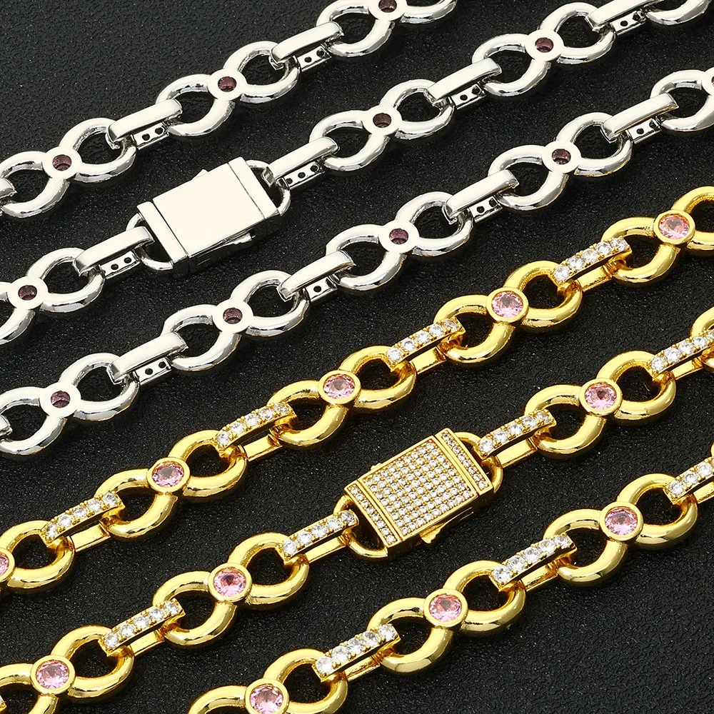 12MM Gold Plated CZ Zircon Diamond Link Chain Hip Hop Brass Metal Pink Stone Charm Cuban Link Chains for Women