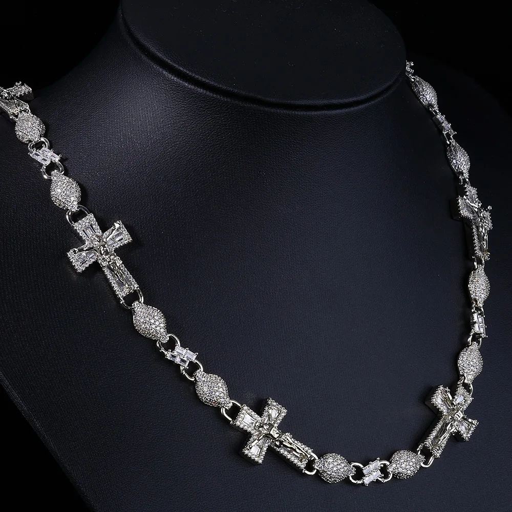 ESKEEM Mens Party Hip Hop Jewelry Gold Silver Plated Baguette Zircon Iced Out Lab Diamond Cross Infinity Cuban Link Necklace