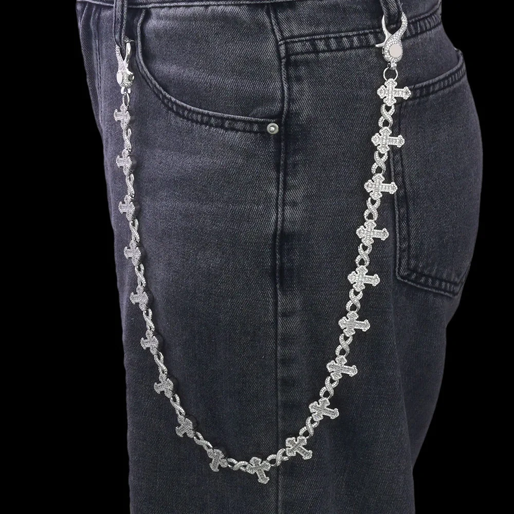ESKEEM Luxury 15MM Iced Out Pants Chain Silver Plated Cross and 8-Character Infinite Design Bling Zircon Fine Hip Hop Jewelry