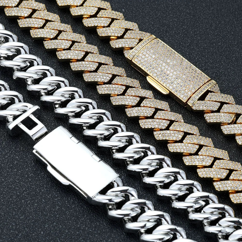 Hip Hop Jewelry Iced Out 5A CZ Diamond Cuban Necklace 16MM 3 Rows Prong Setting Cuban Link Chain Long Buckle Necklace Men