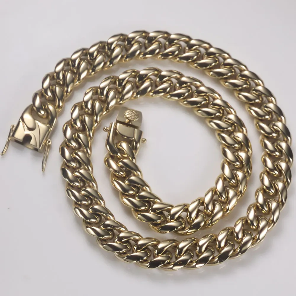 14K Gold Plated 8mm 12mm Stainless Steel Cuban Chain Hip Hop PVD Plated Cuban Link Chain Necklace For Men Women Party Gift