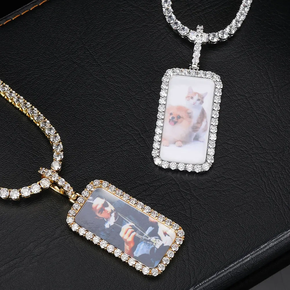 Custom Picture Necklace for Men Personalized Medallions Rectangle Photo Pendant Solid Back Zircon Hip Hop Jewelry
