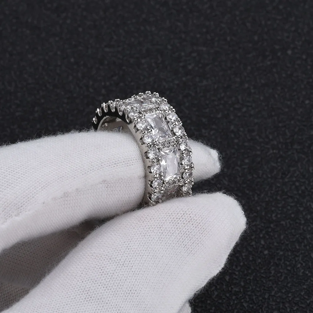 10mm Cubic Zirconia Cuban Rings Brass Prong Setting T-shaped DiamondCZ Iced out Ring Jewelry For Women Men Gift