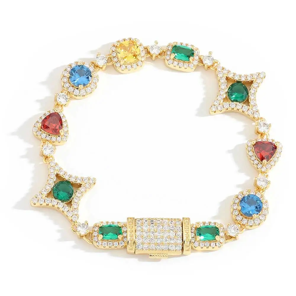 Hip Hop Jewelry Fashion Colored Zircon Iced Out Necklace Women Crystal Gemstone Link Chain Bracelet White Gold Plated