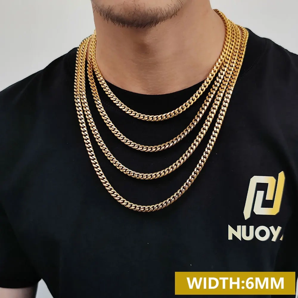 Drop Shipping Hip Hop Three Times Plated Stainless Steel Jewelry Bling Iced Miami Cuban Link Chain Necklace For Men