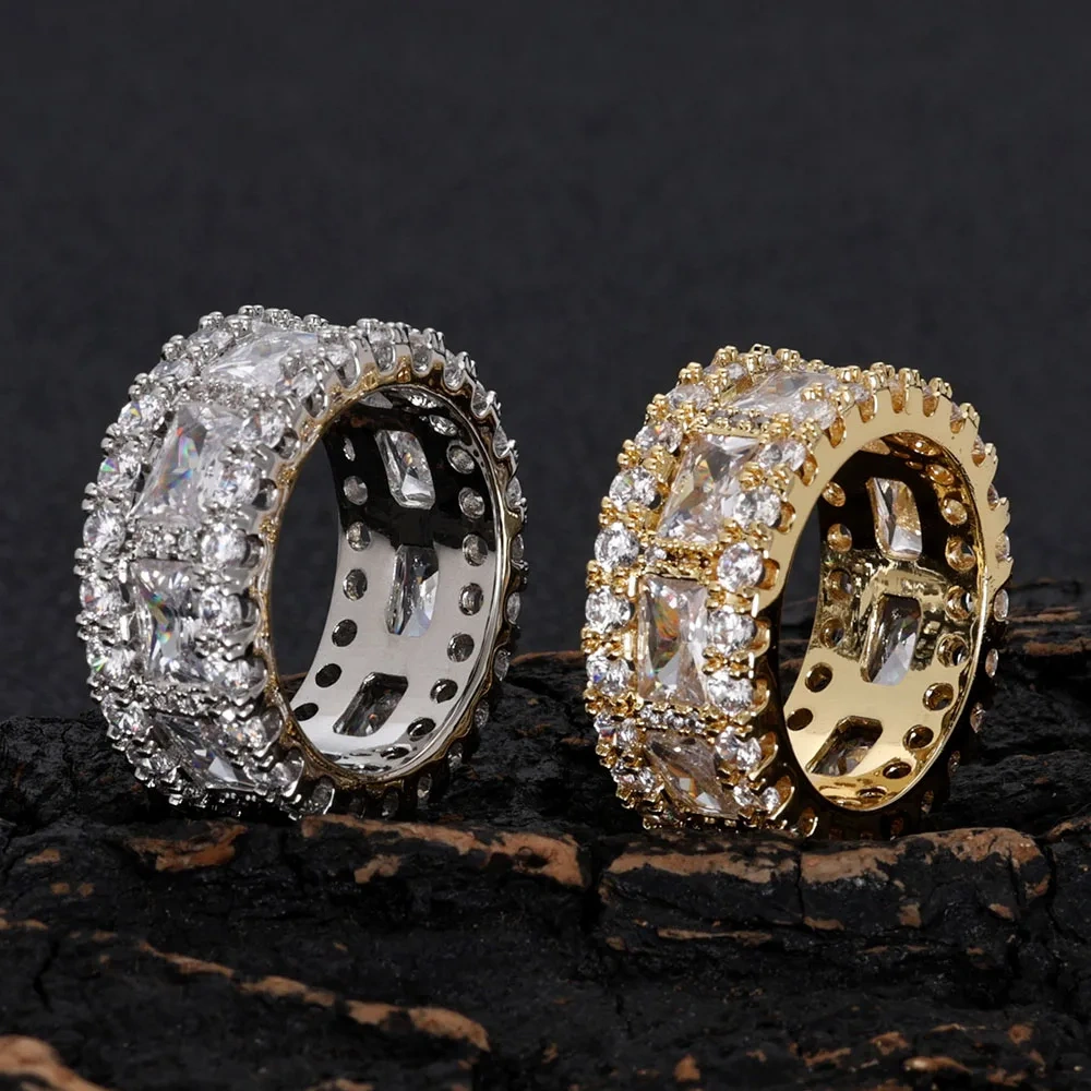 10mm Cubic Zirconia Cuban Rings Brass Prong Setting T-shaped DiamondCZ Iced out Ring Jewelry For Women Men Gift