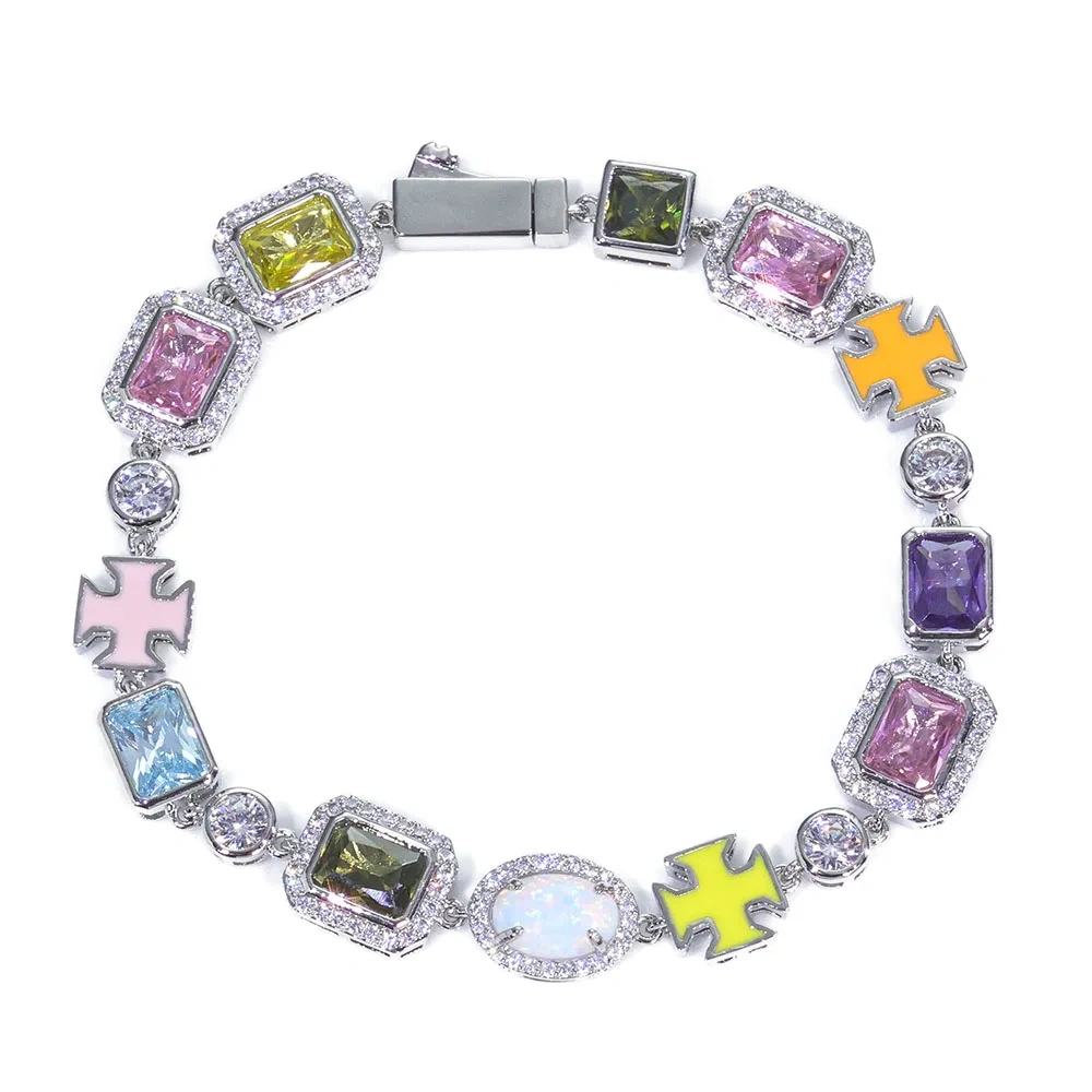 ESKEEM 10mm Pink/yellow/Bluw Multi Color Enamel Bling Cz Stone Chain Cross Geometric Gemstone Motif Iced Out Opal Chain Necklace
