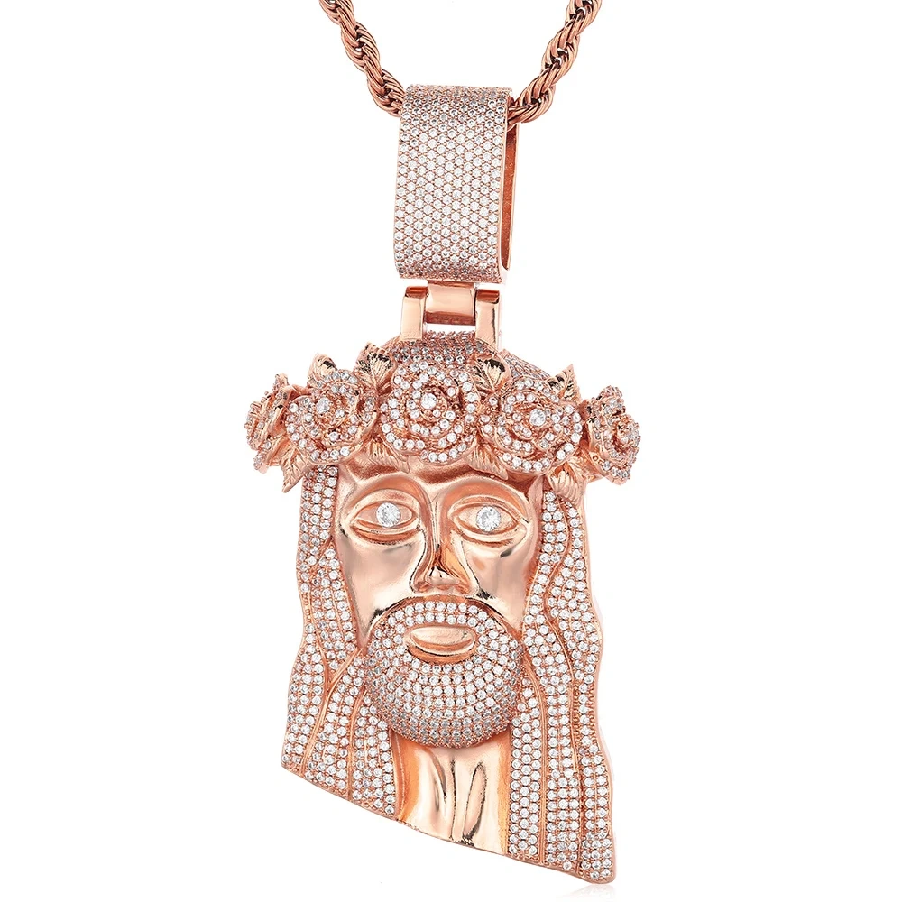 Hip Hop Fine Rose Gold Iced Cuban Chain with Jesus Pendant Jewelry Two Tone Jesus Religious Christian Pendant Necklace Gift