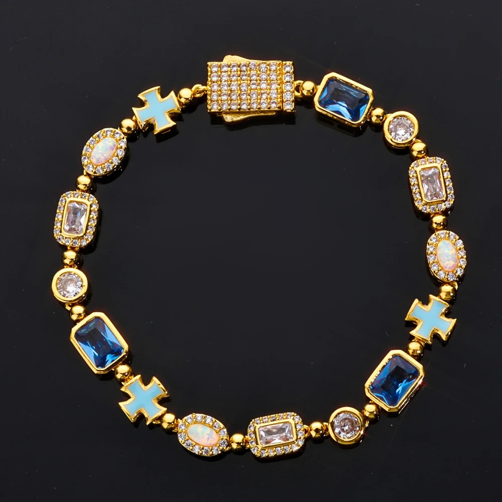 ESKEEM Geometric Oil Drip Blue Cross Bracelet 6mm Iced Out Blue CZ Gemstone Motif Chain Hip Hop Jewelry