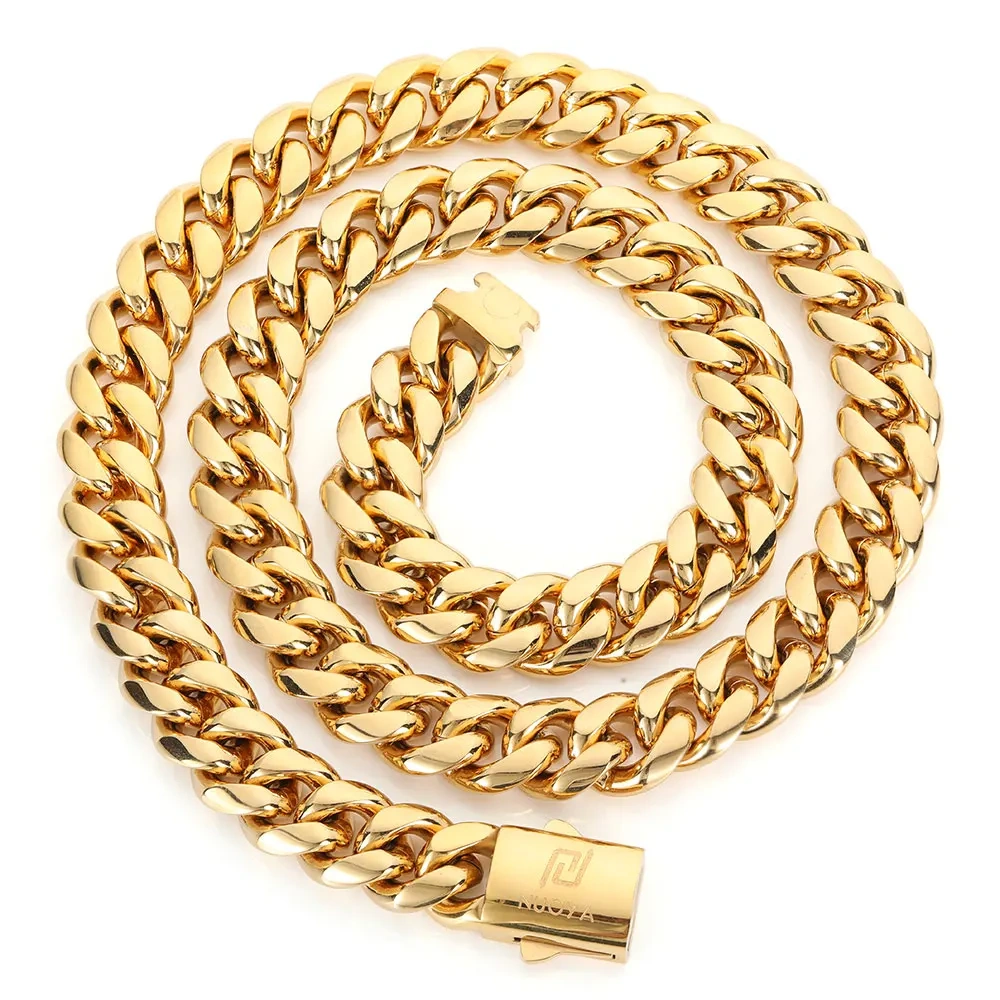 Hip Hop PVD Plated Stainless Steel Cuban Necklace with Snap Clasp Men Miami Cuban Link Chain Jewelry For Girls Free Laser Logo