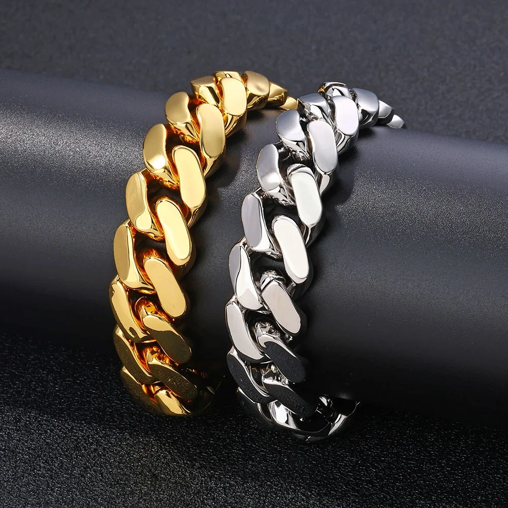 Hip Hop Jewelry 15mm Width 18k Gold Plated Classics Cuban Link Chain Smooth Miami Chunky Necklaces for Men Women