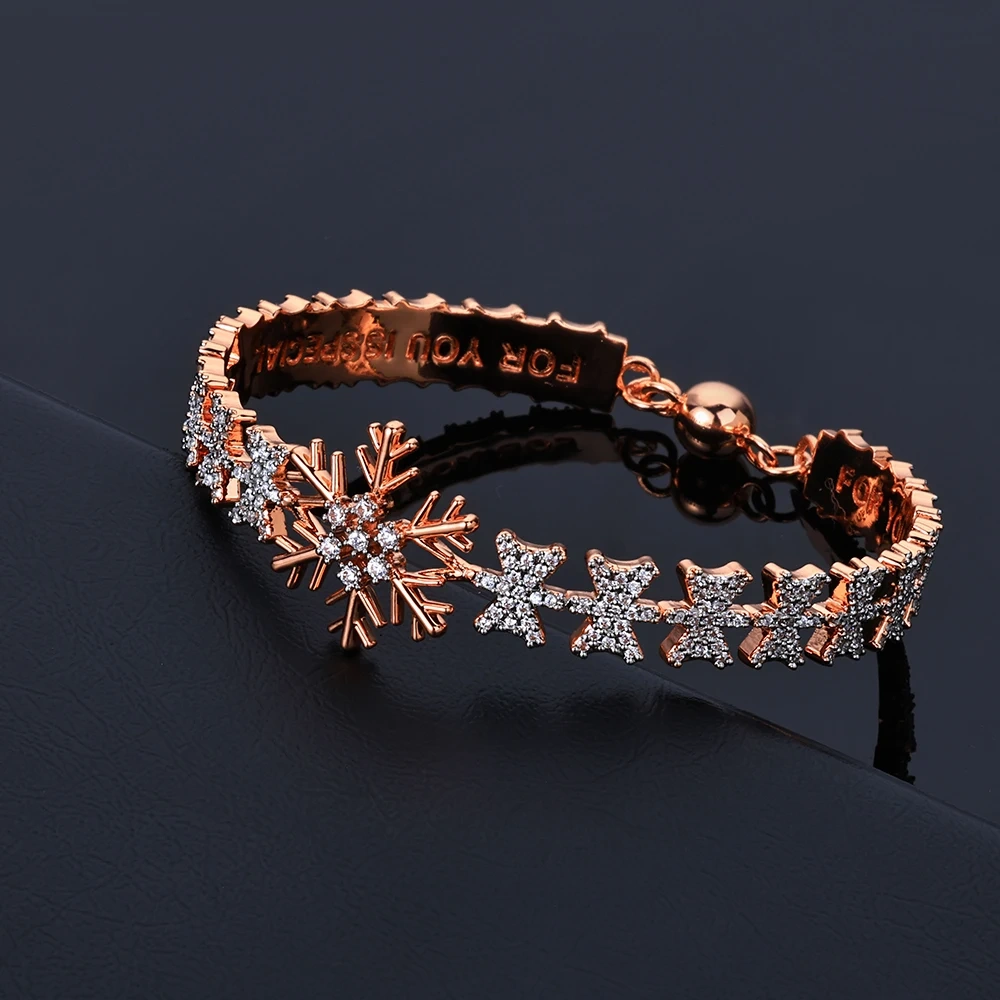 ESKEEM Rose Gold Plated Jewelry Snowflake Bangle Iced Out Cubic Zirconia Bracelets for Women Christmas and New Year Gifts