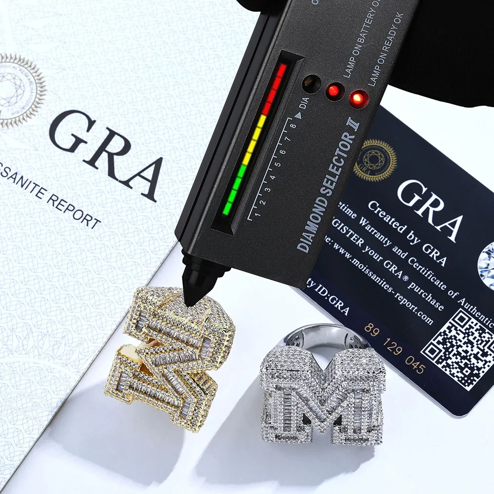 Top Quality 925Silver VVS Letter M Ring Full Diamond Pave Hip Hop Luxury Sterling Silver Vvs Moissanite Rings for Him/Her