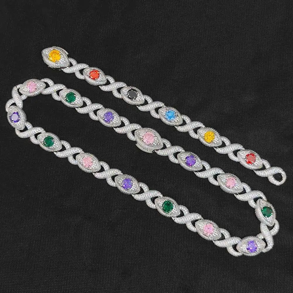Fashion Hip Hop Punk Evil Style 15mm Iced Out Cubic Zircon Colour Eye Infinity Chain Necklace Hiphop Bracelet Jewelry